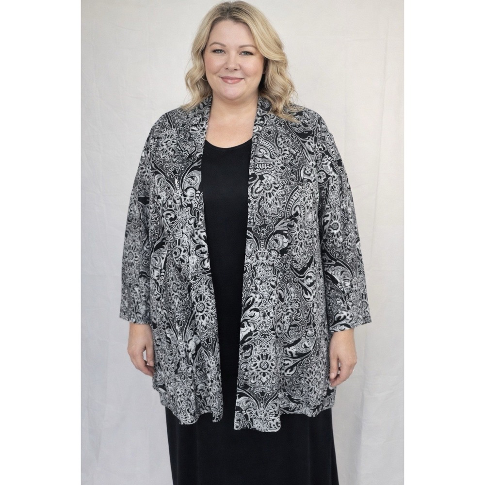 Maggie Barnes Plus Size 3X Black White Paisley Open Front Jacket Church Work